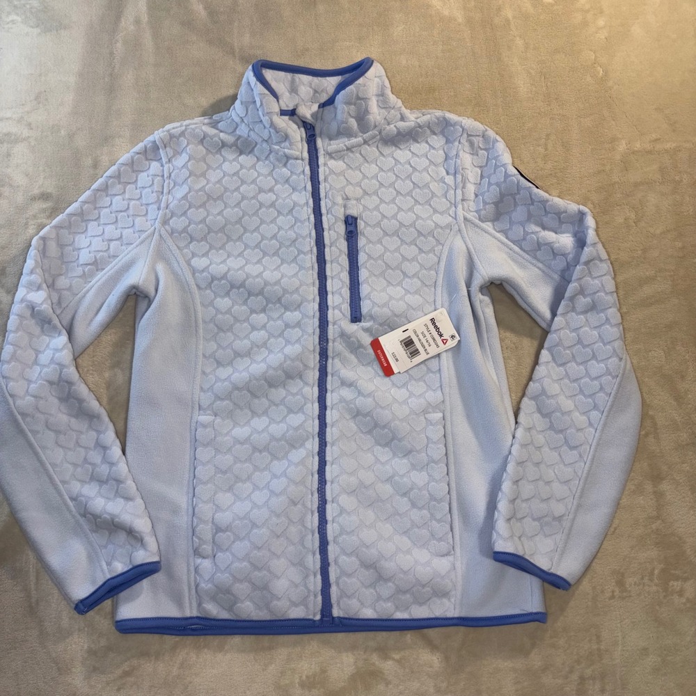 Reebok Girls Halogen Blue Heart Embossed Full Zip Fleece Jacket Size 14/16